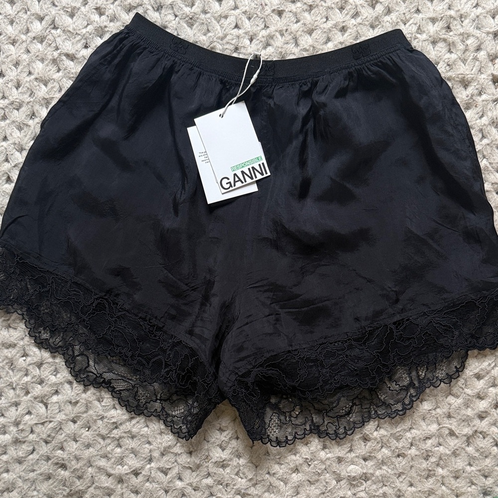 Ganni Black Satin Lace-Trim Lounge Shorts